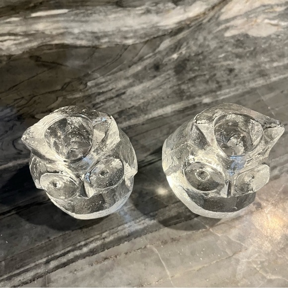 PAIR Mid Century Modern Glass Owl Candlesticks Taper Candle Holders 3” - Picture 2 of 10